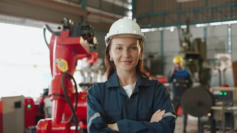 Young Caucasian engineer is presenting and explaining how a robotic arm Stock Footage 255811424