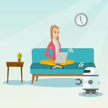 Young caucasian engineer programming a robot. Stock Illustration