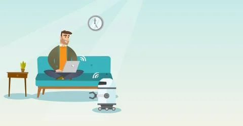 Young caucasian engineer programming a robot. Stock Illustration