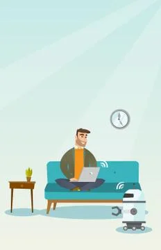 Young caucasian engineer programming a robot. Stock Illustration