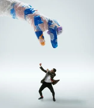Young caucasian man avoiding big plastic hand on white studio background Stock Photos