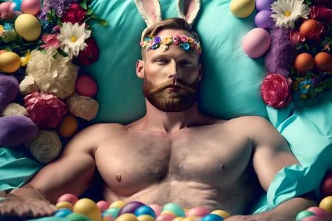 Young caucasian man with rabbit ears laid on turquoise bed with easter eggs Stock Illustration