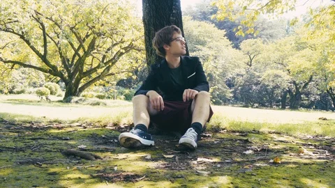 Young Caucasian Man Sitting Down Below Tree and Taking Out Smart Phone to Text - Stock Footage 98481291