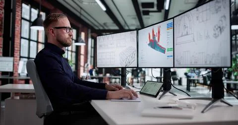Young Caucasian Man Using Computer To Design Mechanical Product In 3D CAD Mod Stock Photos