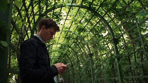 Young caucasian man using smartphone standing at city park. Summer day Video stock 77169056