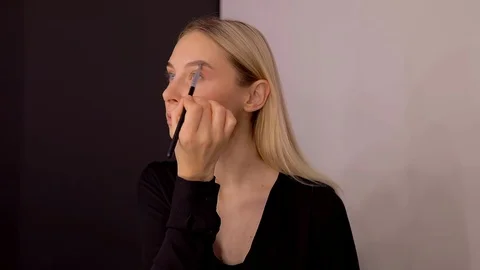 Young caucasian model applying professional makeup. beautiful woman applying Stock Footage 113865494
