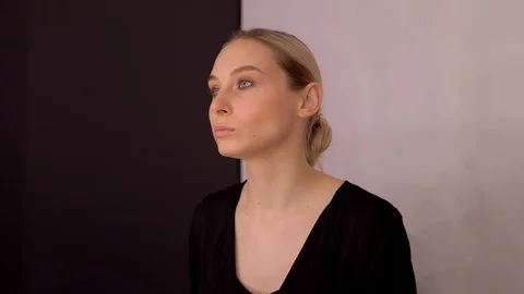 Young caucasian model applying professional makeup. beautiful woman applying Stock Footage 113912910