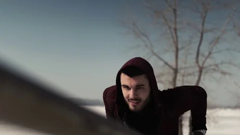 Young caucasian or middle eastern man exercising on parallel bars Stock Footage 74877910