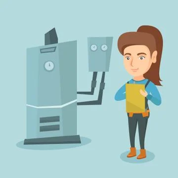 Young caucasian plumber taking notes in clipboard. イラスト素材