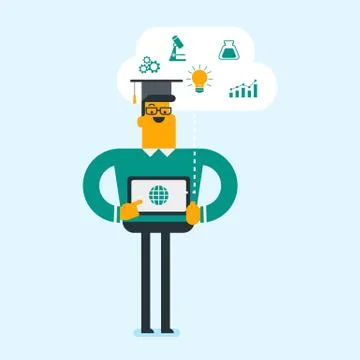 Young caucasian student using a tablet computer. 库存插图