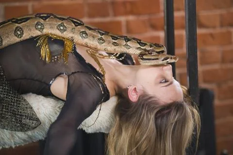 Young caucasian woman lying with a python on her face Photos
