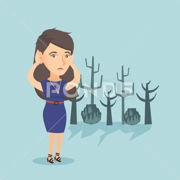 Young caucasian woman standing in a dead forest. Stock Illustration