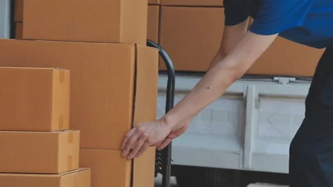 Young cheerful delivery man with parcel near car full of cardboard boxes, f.. Stock Footage 278839690