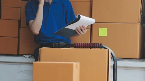 Young cheerful delivery man with parcel near car full of cardboard boxes, f.. Stock Footage 278839760