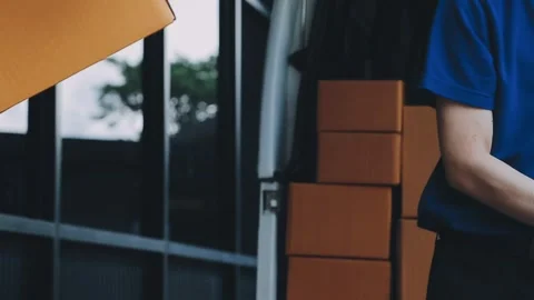 Young cheerful delivery man with parcel near car full of cardboard boxes, f.. Stock Footage 278958352