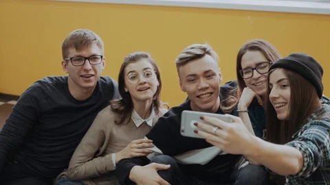 Young cheerful students are taking picture after meeting. Stock Footage 88505149