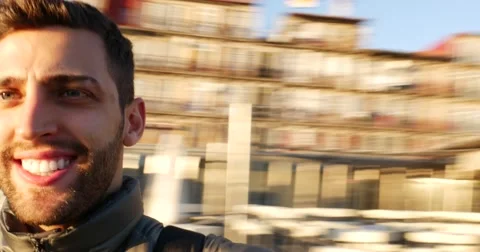 Young Cheerful Tourist Man in Ribeira District, Porto, Portugal Stock Footage 59123933