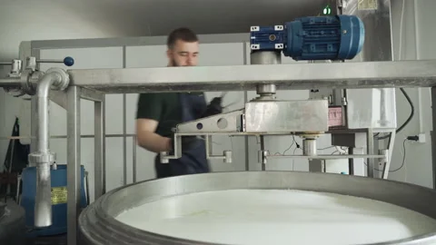 A young cheesemaker controls the temperature of the cheese mixture. Vidéo 177592361