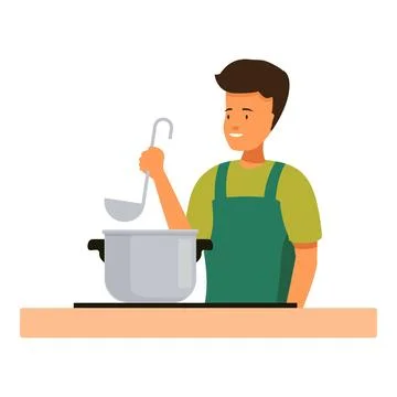 Young chef holding ladle preparing food in kitchen Stock Illustration
