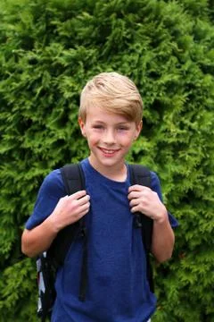 Young Child with Backback Getting Ready for his First Day of School in 4th Gr Stock Photos