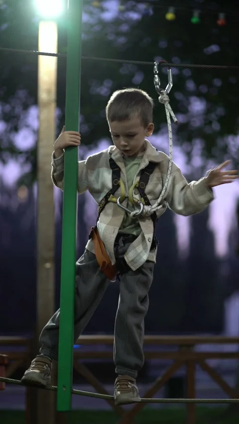 Young child balancing on a rope course, wearing a safety harness at an outdoor Vídeo Stock 345936737