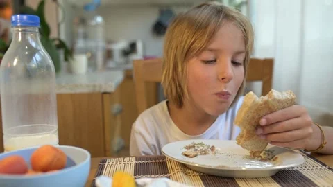 Young child eating plain bread at breakfast table in cozy kitchen. Peaceful Stock Footage 315567682