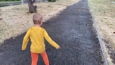 Young Child Embarks on a Solo Walk Down a Wet Path After a Summer Rain Stock Footage 312087675