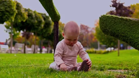 Young child examines a shoe while sitting on grass in a landscaped autumn park Stock Footage 347686943