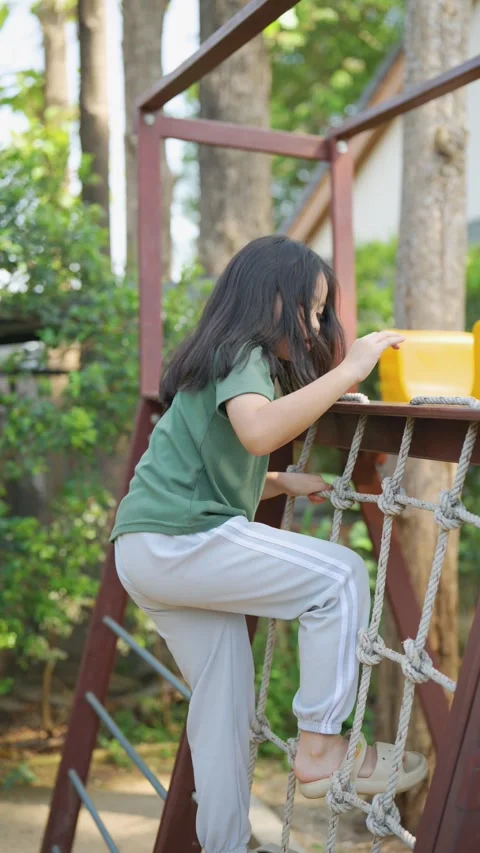 Young child exploring outdoor playground climbing structure with excitement.. Video stock 331280533