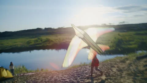 Young Child Flying Kite on Sandy Shore During Sunset Stock Footage 344689343