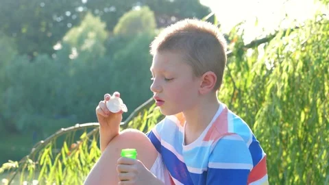 Young child has fun making soap bubbles at the park on a sunny day Stock Footage 135381142