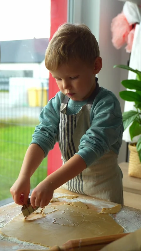 Young child in kitchen apron shaping gingerbread dough Stock Footage 294437154