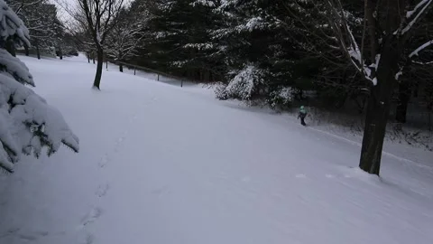 Young Child Winter Clothes Walking in Snow in Distance Snowy Day Stock Footage 145881670