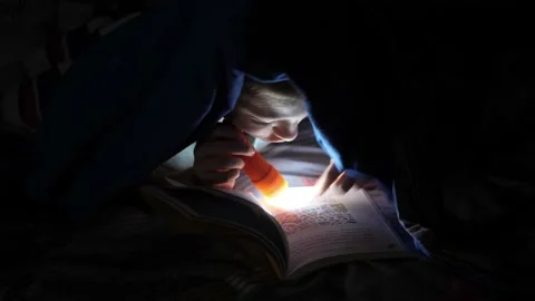 Young children reading a book hidden under the bed covers Stock Footage 134896751