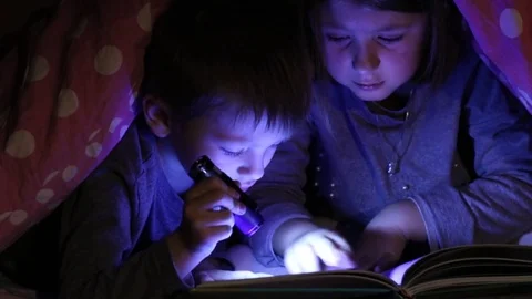 Young children reading a book under the blankets with torch Stock Footage 84029594