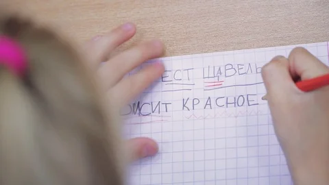Young children write Russian words in notebooks Stock Footage 111814016