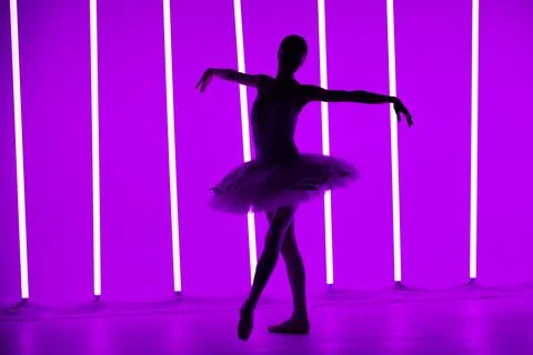 Young classical ballet dancer posing in a dark studio against a background of Foto stock