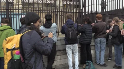 Young climate change activists chain themselves to Parliament railings Stock Footage 148605036