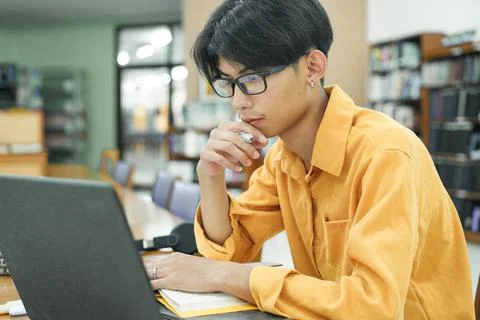 Young collage student using computer and mobile device studying online. Stock Photos