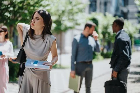 Young colleagues discussing work during an outdoor team meeting Stock Photos