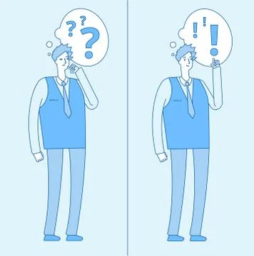 Young confused man. Thinking student with question marks and person with problem Illustrazione stock