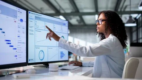 Young Construction Manager Uses Computer Software To Track Project Timeline P Foto stock