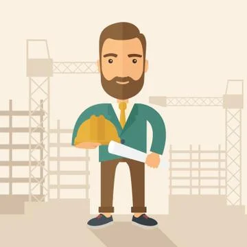 Young construction worker holding hard hat and blueprint 스톡 일러스트