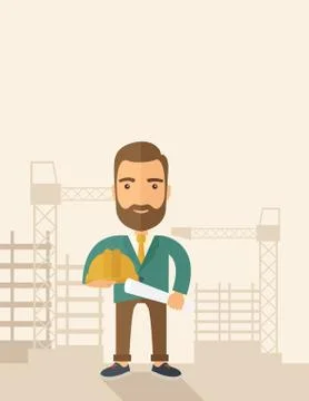 Young construction worker holding hard hat and blueprint Illustrazione stock