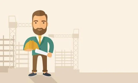 Young construction worker holding hard hat and blueprint 스톡 일러스트