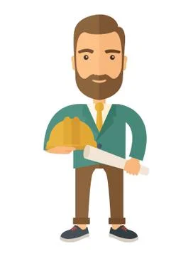 Young construction worker holding hard hat and blueprint 스톡 일러스트