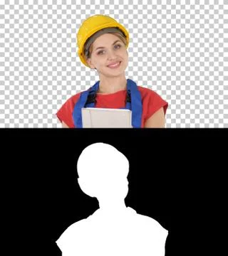 Young construction worker with tablet computer presenting something, Alpha Stock Photos