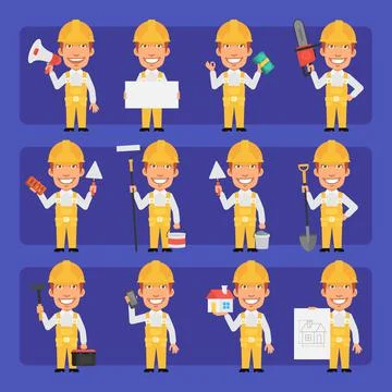 Young construction worker in uniform in different poses and emotions. Big cha Stock Illustration
