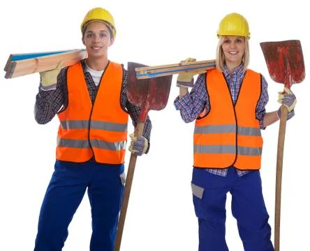 Young construction worker workers man woman job isolated Stock Photos