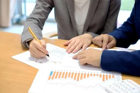 Young consultant analyzing data with her client Foto stock